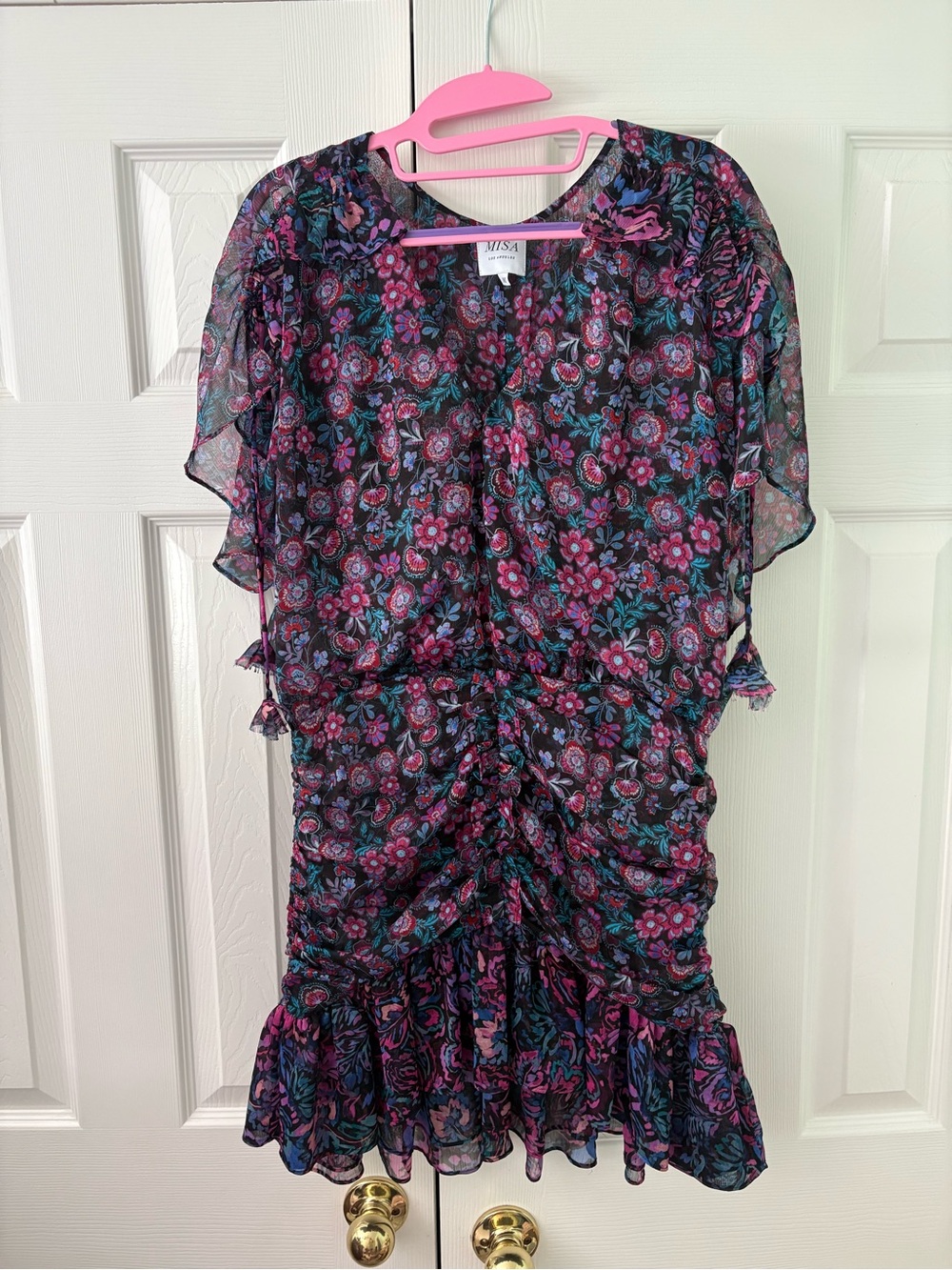 Misa Los Angeles Black Floral V-Neck Dress with Pink & Teal Blooms